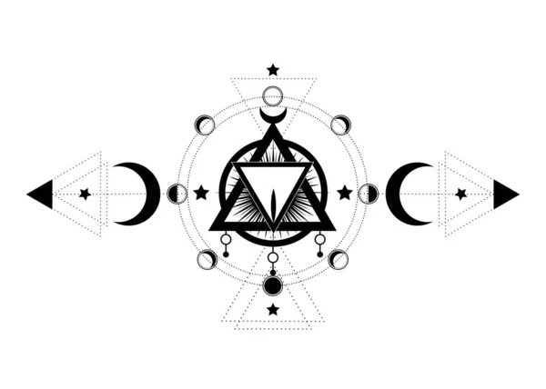 メイソニックシンボル。トリプルムーン異教ウィッカ月の女神アイコンの中の神聖な膣。ベクトルイラスト。タトゥー、占星術、錬金術、月経周期の段階、月経の月相、神秘的な目 — ストックベクタ