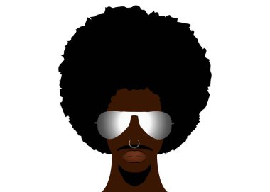 1970'lerin saç modelinde retro adam. Kıvırcık, keçi başı ve piercing ile 70's. Afro saç modeli ve güneş gözlüğü vektör illüstrasyon izole veya beyaz arka plan ile Funky serin Afrikalı adam 