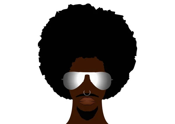 Retro man in 1970s hairstyle. Frizzy, 70's with goatee and piercing. Funky cool african man with afro hairstyle and sunglasses vector illustration isolated or white background Stock Vector