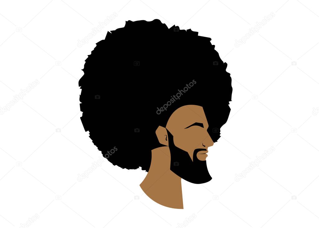 black man portrait with afro curly design, Barber shop and hairstyle. Healthy sporty young black man with beard, mustache and sideburns. Isolated avatar of raper on white background