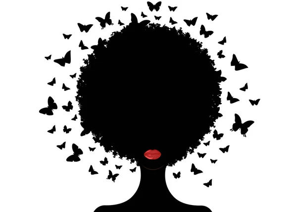 Vlinders decoratieve samenstelling met silhouet portret zwart meisje. Beauty Center concept, kapsalon, Spa. Swarm van vlinders hoofdtooi in krullend coiffed. Logo jonge mooie Afro vrouw — Stockvector