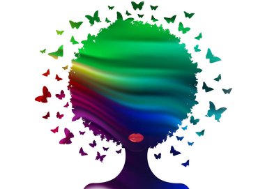 kelebekler siluet portre kadın ile dekoratif renkli kompozisyon. Güzellik merkezi konsepti, kuaför salonu, Spa. Kelebek sürüsü kıvırcık coiffed içinde başlık. Logo güzel Afro kadın  