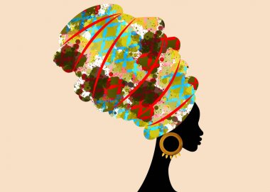 portre geleneksel Türban, başşehir baş şal Afrika, güzel Afrikalı kadın geleneksel dashiki yazdırma siyah kadınlar geleneksel altın küpe, saç modeli kavramı ile izole siluet vektör