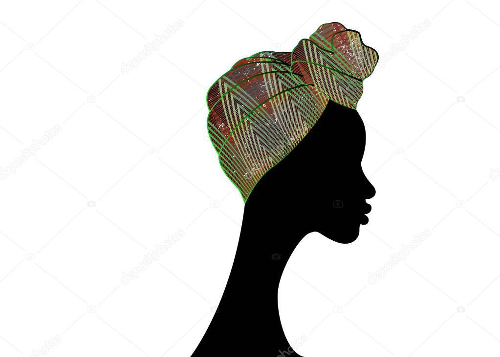 portrait beautiful Afro woman. Shenbolen Ankara Headwrap Women African Traditional Headtie Scarf Turban. Colorful Kente head wraps African fabric design. Vector icon logo isolated white background
