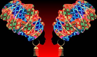 Güzel bir afro kadın portresi. Shenbolen Ankara Kadın Başörtüsü Afrika Geleneksel Başörtüsü Türban. Kente kafası Afrika kabilesinin batik kumaş tasarımını sarıyor. Vektör kadın çeşitlilik kavramı