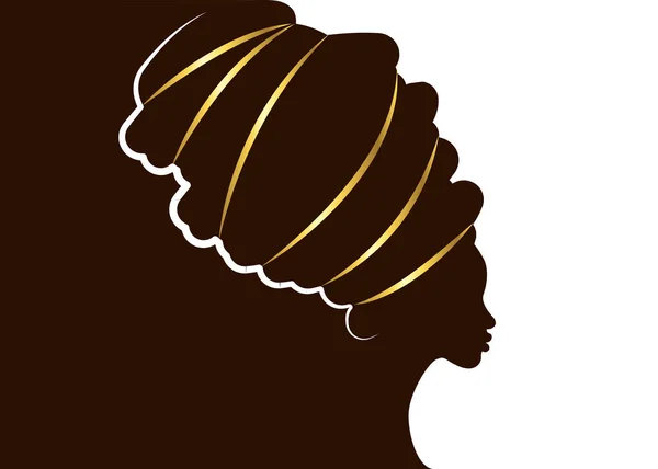 Porträt schöne afrikanische Frau in traditionellem Turban, Kente-Kopfbedeckung afrikanisch, Afro-Silhouette, Kardashiki-Druck, schwarze Frauen Vektor-Silhouette isoliert mit traditioneller Kopfbedeckung, Vorlage Broschüre — Stockvektor