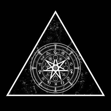 Wiccan koruma sembolü. Üçgen Mandala Cadılar runes, Mystic Wicca kehanet. Antik gizli semboller, Yılın Dünya Zodyak Çarkı Wicca Astrolojik işaretler, vektör izole veya siyah 
