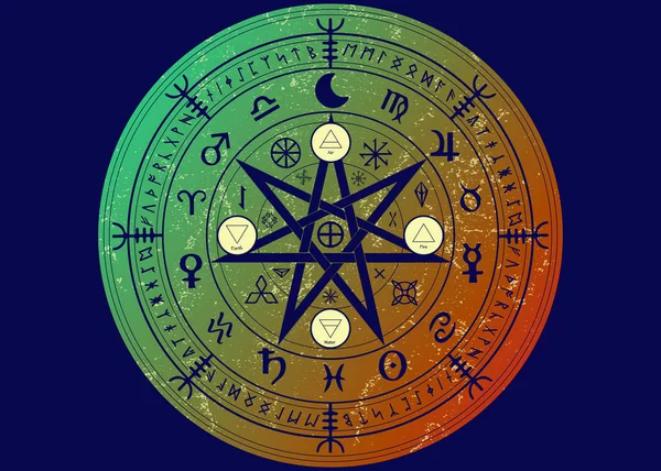 Wiccan védelem szimbóluma. Állítsa be a Mandala boszorkányok rúnák, Mystic Wicca Jóslás. Ősi okkult szimbólumok, föld Zodiac kereke az év Wicca asztrológiai jelek, vektor elszigetelt vagy kék háttér — Stock Vector