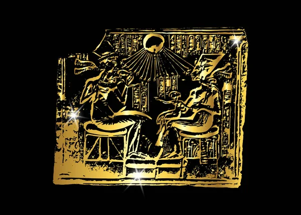 이집트. 벽에 금 상형 문자 조각의 황금 베이스 릴리프 그림. 이집트 신과 파라오의 복잡한 장면 조각, 고립 또는 검은 배경 — 스톡 벡터