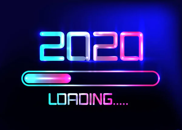 Selamat tahun baru 2020 dengan memuat ikon biru gaya neon. Bar kemajuan hampir mencapai malam tahun baru. Vektor ilustrasi dengan 2020 loading. Latar belakang biru muda atau gelap - Stok Vektor