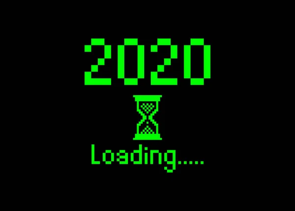 Feliz ano novo 2020 com carregamento ícone pixel arte bitmap estilo. Barra de progresso quase atingindo véspera de ano novo. Projeto plano do Vetor Verde 2020 carregando cursor de ampulheta de pixel. Fundo isolado ou preto — Vetor de Stock