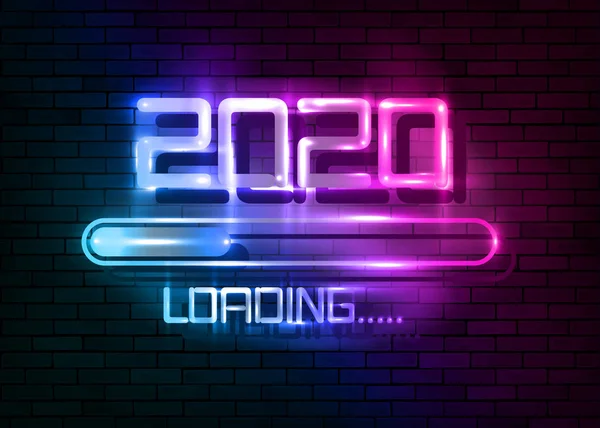 Selamat tahun baru 2020 dengan memuat ikon berwarna biru neon gaya tanda. Bar kemajuan hampir mencapai malam tahun baru. Vektor ilustrasi dengan 2020 loading. Latar Belakang Dinding Bata Terisolasi atau Terang Gelap - Stok Vektor
