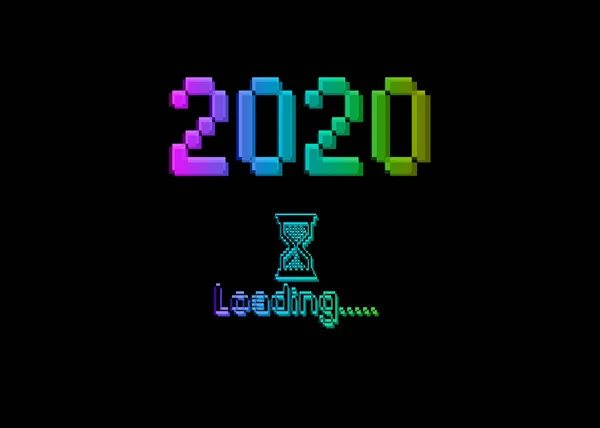 Gott nytt år 2020 med lastning ikon pixel art Bitmap stil. Förloppsindikator nästan når nyårsafton. färgglada vektor flat design 2020 lastning pixel timglas markören. Isolerad eller svart bakgrund — Stock vektor