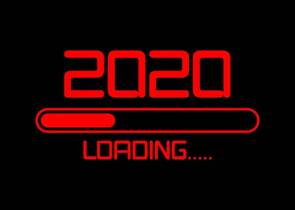Feliz año nuevo 2020 con icono de carga de estilo de neón rojo plano. Digital llevó barra de progreso casi llegando a la víspera de año nuevo. Ilustración vectorial con carga 2020. Fondo aislado o negro — Archivo Imágenes Vectoriales