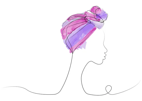 Dessin en ligne continue et aquarelle colorée de femme afro. Shenbolen Ankara Headwrap Femmes foulard traditionnel africain Turban. Logo icône vectorielle isolé sur fond blanc — Image vectorielle