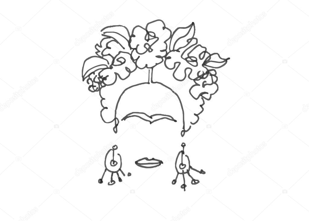 single line sketch of Mexican woman portrait, Frida hand drawn line drawing creative vector illustration isolated 