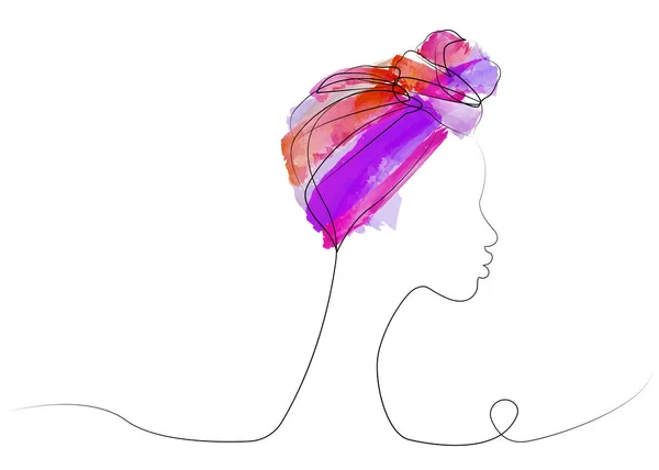 Dessin en ligne continue et aquarelle colorée de femme afro. Shenbolen Ankara Headwrap Femmes foulard traditionnel africain Turban. Logo icône vectorielle isolé sur fond blanc — Image vectorielle