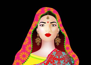 Güzel Hintli esmer kadın. Renkli sari ve lüks altın mücevherleri var. Geleneksel Bollywood yıldızı modası. Değerli düğün gelinliği. Vektör illüstrasyonu izole veya siyah arkaplan