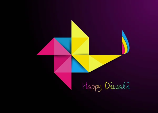 Happy Diwali Viering in Origami stijl Grafisch ontwerp van Indian Diya Oil Lamp in pinwheel vorm, Paper cut Flat Design. Kleurrijk Festival van Licht. Vector geïsoleerd op donkerpaarse achtergrond — Stockvector