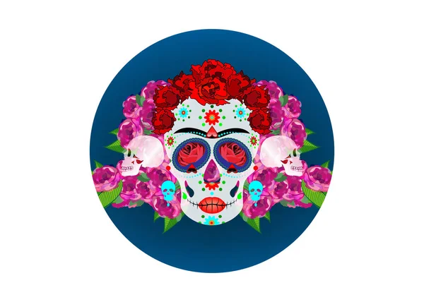 Mexická lebka Calavera s květinami. Dekorace na Den mrtvých, Dia de los Muertos. Halloween plakát pozadí, blahopřání nebo tričko design. Vektorové lebky diadém izolované na bílém pozadí — Stockový vektor