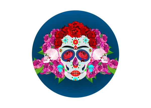 Mexikanische Totenkopf-Calavera mit Blumen. Dekoration für den Tag der Toten, dia de los muertos. Halloween-Plakat, Grußkarte oder T-Shirt-Design. Vektorschädel Diadem isoliert auf weißem Hintergrund — Stockvektor