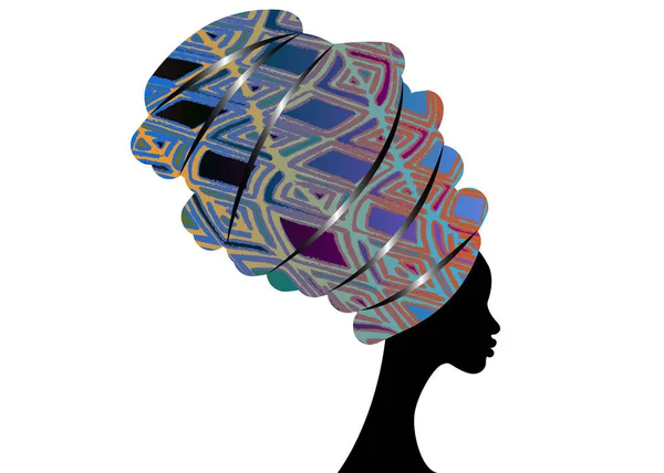 Retrato mujer hermosa. Shenbolen Ankara Headwrap Mujer Africana Tradicional Headtie Bufanda Turbante. Cabeza colorida Kente envuelve diseño de tela africana. Vector icono logo aislado fondo blanco — Archivo Imágenes Vectoriales