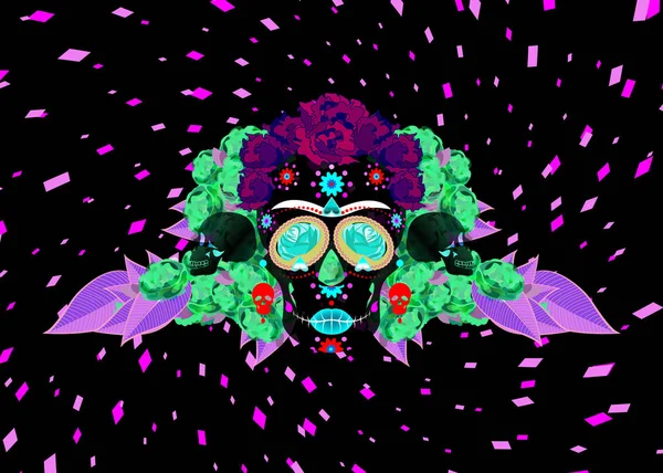 Crâne mexicain, Calavera avec des fleurs. Décoration pour la fête des morts, célébration Dia de los Muertos. Fond d'affiche Halloween, carte de vœux ou design de t-shirt. Crânes vectoriels fond sombre — Image vectorielle