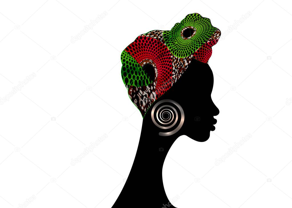 portrait beautiful woman. Shenbolen Ankara Headwrap Women African Traditional Headtie Scarf Turban. Colorful Kente head wraps African fabric design. Vector icon logo isolated white background