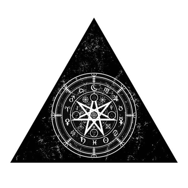 Símbolo Wiccan de protecção. Triângulo Mandala Bruxas runas, místico Wicca adivinhação. Símbolos ocultos antigos, Roda do Zodíaco da Terra do Ano Wicca Sinais astrológicos, vetor isolado ou branco —  Vetores de Stock