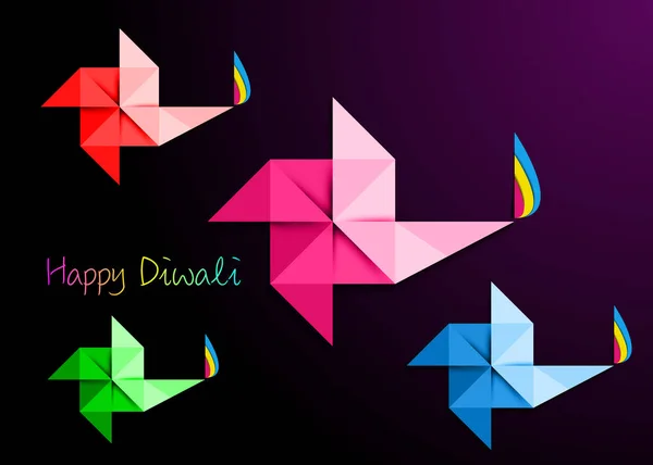 Happy Diwali Celebration in Origami style Diseño gráfico de lámparas de aceite indias Diya en forma de molinete, corte de papel de diseño plano. Colorido Festival de la Luz. Vector aislado sobre fondo púrpura oscuro — Vector de stock