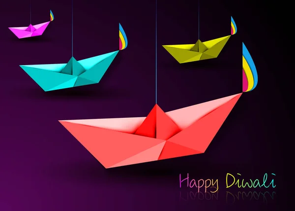 Happy Diwali Feest in Origami stijl Grafisch ontwerp van Indiase Diya Olie Lampen in boot bad speelgoed vorm, gevouwen papier Flat Design. Kleurrijk Festival van Licht. Vector geïsoleerd op paarse achtergrond — Stockvector