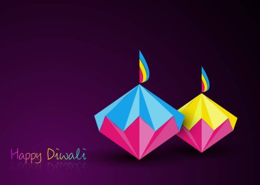 Origami stili Hint Diya Yağ Lambaları 'nın elmas şeklinde katlanmış kağıt Düz Tasarım Grafik Tasarımı' nda Mutlu Diwali Kutlamaları. Renkli Işık Festivali. Mor arkaplanda izole edilmiş vektör 