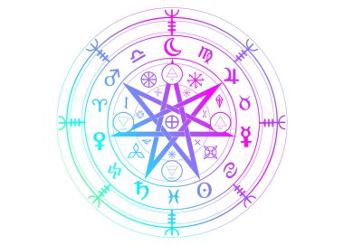 Wiccan koruma sembolü. Bir dizi Mandala Cadıları mührü, Mistik Cadı kehaneti. Eski okült semboller, Dünya Zodyak Yılın Çarkı Wicca Astrolojik İşaretleri, beyaz üzerine izole edilmiş renkli vektör