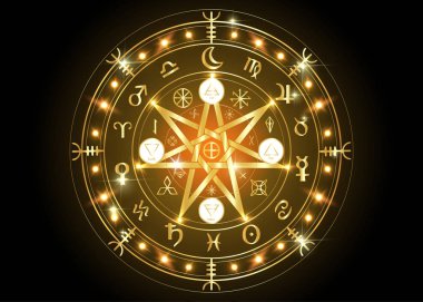 Wiccan koruma sembolü. Parlak Altın Mandala Cadıları rünleri, Mistik Cadı kehaneti. Eski okült semboller, Dünya Zodyak Yılın Çarkı Wicca Astrolojik İşaretleri, siyah üzerine izole edilmiş vektör.