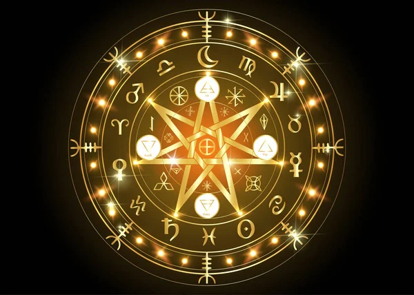 Simbolo wiccan di protezione. Rune di Mandala d'oro brillante, divinazione mistica della Wicca. Antichi simboli occulti, Terra Zodiaco Ruota dell'Anno Wicca Segni astrologici, vettore isolato su nero — Vettoriale Stock