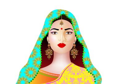 Güzel Hintli bir kızın portresi. Kundan mücevher seti olan genç Hindu kadın model. Geleneksel Hindistan kostümü lehenga choli veya sari. Beyaz arkaplanda izole edilmiş vektör 