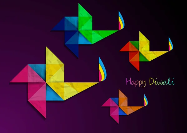 Feliz celebração Diwali em estilo Origami Projeto gráfico de Indian Diya Oil Lâmpadas em forma de pinwheel, papel amassado design plano. Festa colorida de luzes. Vetor isolado no fundo roxo escuro — Vetor de Stock