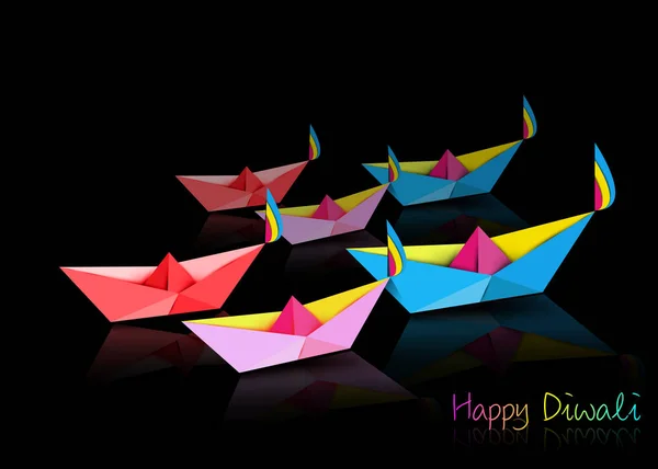 Happy Diwali Feest in Origami stijl Grafisch ontwerp van Indiase Diya Olie Lampen in boot bad speelgoed vorm, gevouwen papier Flat Design. Kleurrijk Festival van Licht. Vector geïsoleerd op zwarte achtergrond — Stockvector