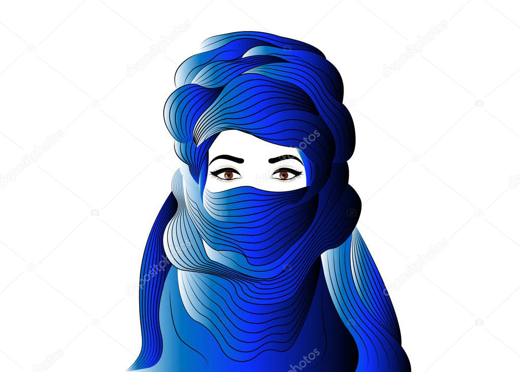 Portrait of beautiful woman wearing blue tuareg scarf. Young girl in national costume of african tribal nomads. Blue ethnic Turban and ancient clothes vector isolated or white background