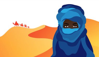 Vector portrait of beautiful woman wearing blue tuareg scarf. Young girl in national costume of african tribal nomads. Blue ethnic Turban and ancient clothes. Sand dunes in African desert background  clipart
