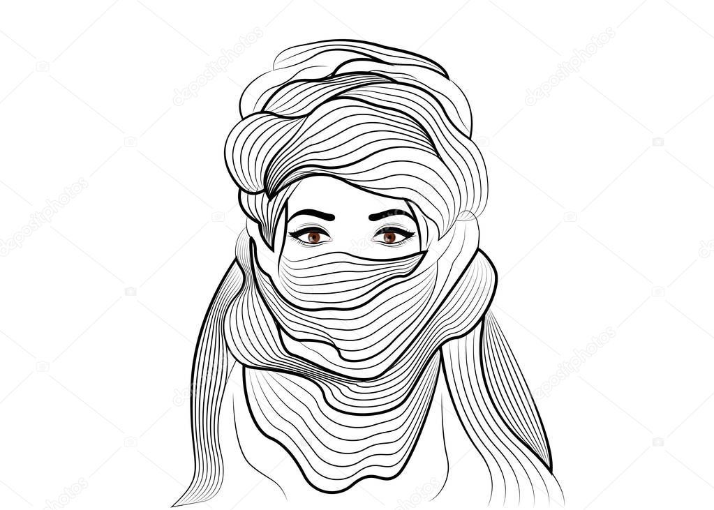 Hand drawing sketch of portrait woman wearing tuareg scarf. Young girl in national costume of African tribal nomads. Ethnic Berber Turban and ancient clothes vector isolated or white background