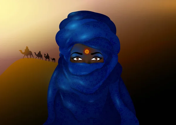 Potret wanita cantik mengenakan selendang biru. Gadis muda berkostum nasional pengembara suku Afrika. Wanita Berber beretnis biru Turban dan pakaian kuno. Latar belakang gurun Afrika - Stok Vektor