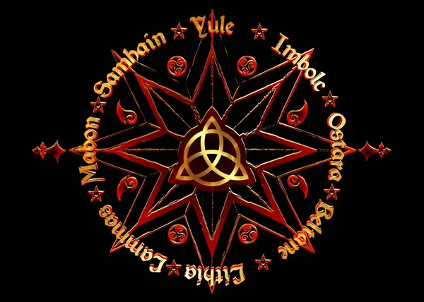 라는 책을 읽을 수있었습니다. The book of shadow wheel of the year Modern paganism wicca. Wiccan 달력 과 휴일. 켈트 족이 만든 중간 의 3 각 형 기호로 나침반을 만들었습니다. — 스톡 벡터