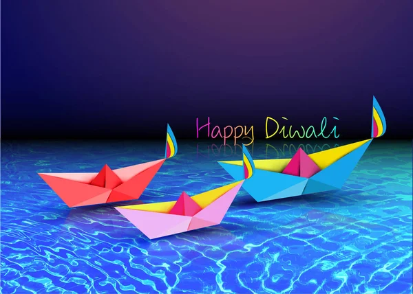 Happy Diwali Celebration in Origami style Graphic design of Indian Diya Oil Lamps in boat bath toy shape, folded paper Flat Design. Festival coloré des lumières. Vecteur isolé sur fond marin — Image vectorielle