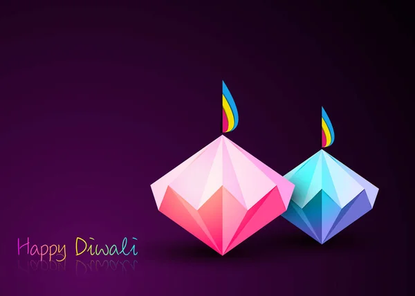 Happy Diwali Feest in Origami stijl Grafisch ontwerp van Indian Diya Olielampen in diamantvorm, gevouwen papier Flat Design. Kleurrijk Festival van Licht. Vector geïsoleerd op paarse achtergrond — Stockvector