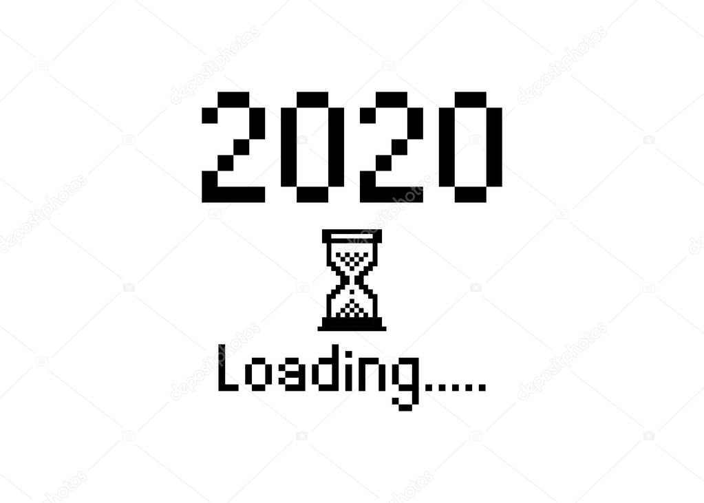 Happy new year 2020 with loading icon pixel art bitmap style. Progress bar almost reaching new year's eve.  Vector flat design 2020 loading pixel hourglass cursor. Isolated or white  background