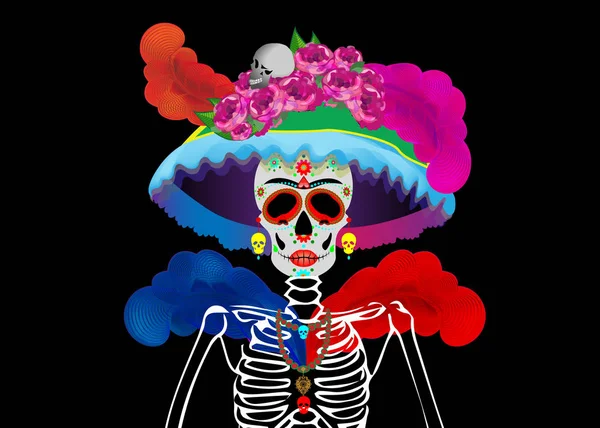Catrina La Calavera. Catrina é uma personagem da cultura popular mexicana que representa a morte e faz parte do imaginário coletivo que se refere à celebração do Dia dos Mortos. —  Vetores de Stock