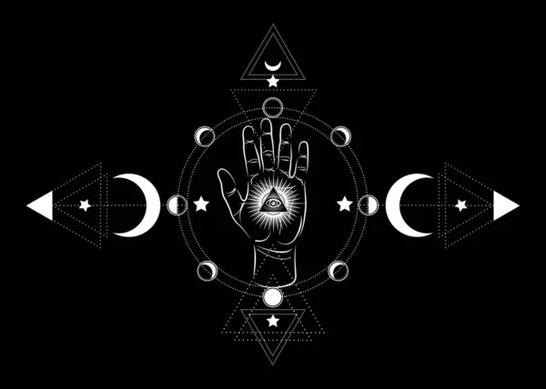 Icono espiritual esotérico de tercera mano del ojo. Pirámide sagrada del conocimiento, un ojo que todo lo ve. Geometría mística fases lunares. Ojo símbolo masónico dentro de la luna triple pagana Wicca luna diosa icono aislado — Archivo Imágenes Vectoriales