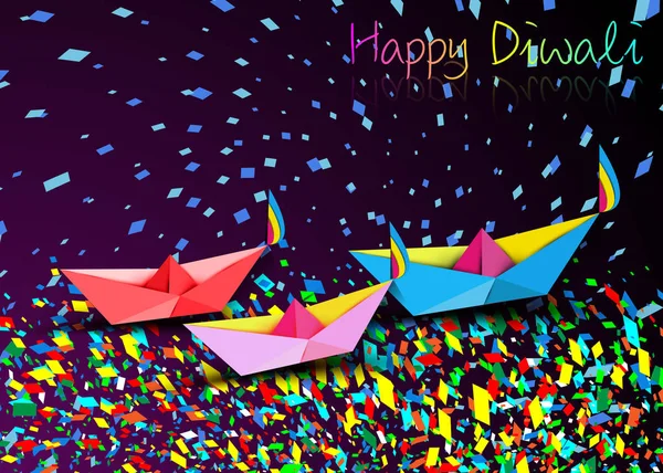 Happy Diwali Viering in Origami stijl ontwerp van Indiase Diya Olie Lampen in boot bad speelgoed vorm, surfen op de kleurrijke stroom van confetti in gevouwen papier. Kleurrijk Festival of Lights, paarse achtergrond — Stockvector