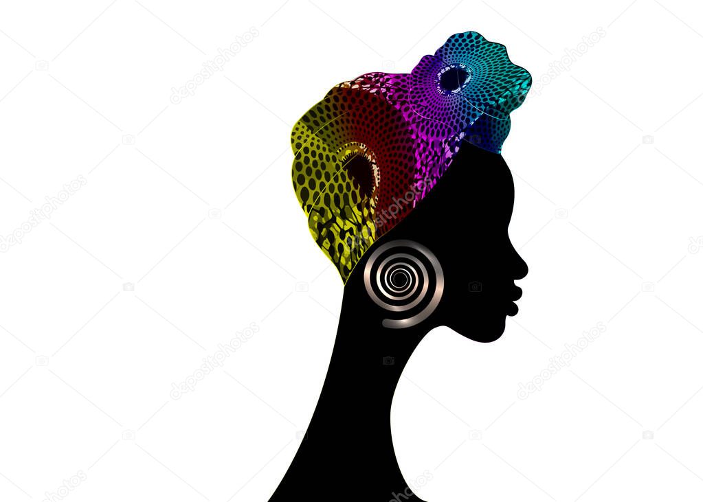 portrait beautiful woman. Shenbolen Ankara Headwrap Women African Traditional Headtie Scarf Turban. Colorful Kente head wraps African fabric design. Vector icon logo isolated white background